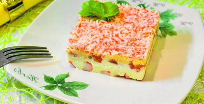 Crab stick salad in layers