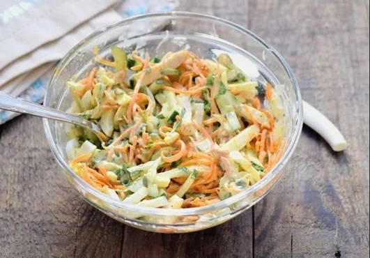 Chicken salad with Korean carrots and cucumber