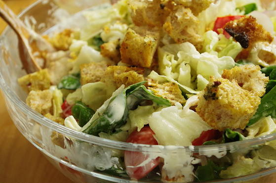Chicken salad with mayonnaise and croutons