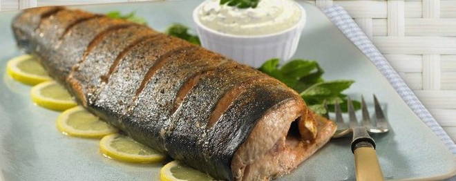 Whole baked pink salmon