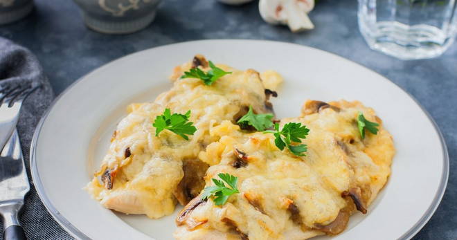 Chicken chops in the oven with mushrooms