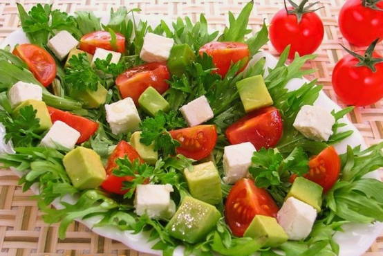 Avocado salad with feta cheese and cherry tomatoes