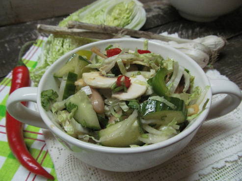 Salads with Chinese cabbage and mushrooms