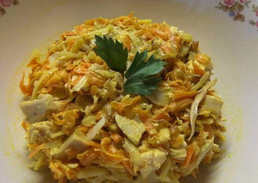 Chicken salad with fried onions and carrots