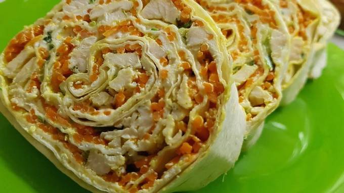 Lavash roll with chicken and Korean carrots and cheese