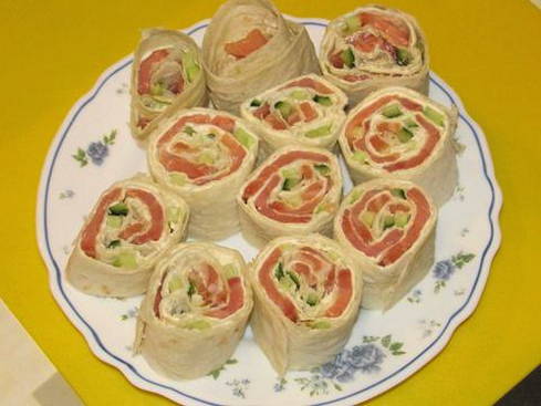 Lavash roll with red fish, curd cheese and cucumber
