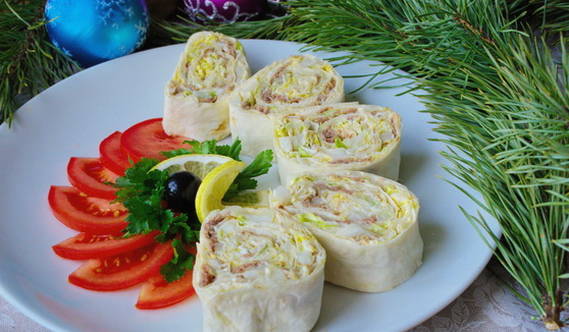 Lavash roll with canned fish, cheese and egg
