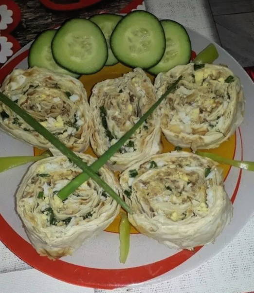 Lavash roll with canned fish and egg