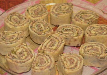 Lavash roll with canned fish, cheese and egg