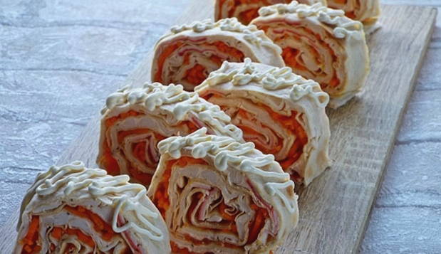 Lavash roll with crab sticks and Korean carrots