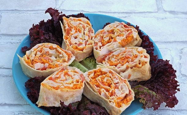 Lavash roll with ham and Korean carrots