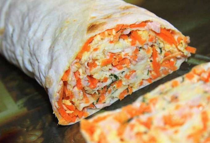Lavash roll with sausage and Korean carrot