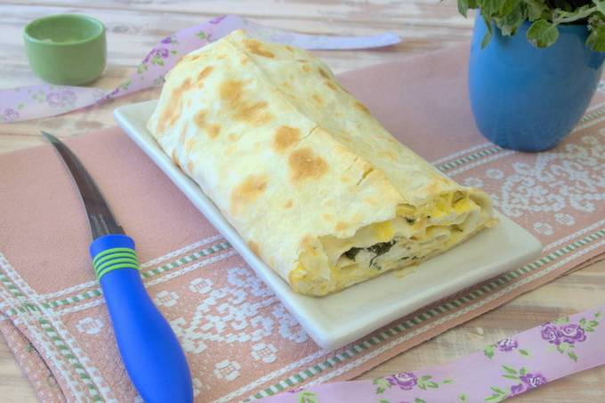 Oven baked lavash with cheese and cottage cheese