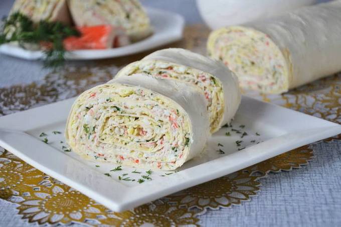 Lavash made from crab sticks, eggs and cheese