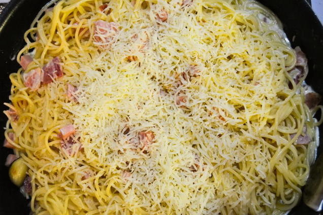 Carbonara with bacon, ham and cream