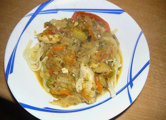 Lagman with chicken and eggplant