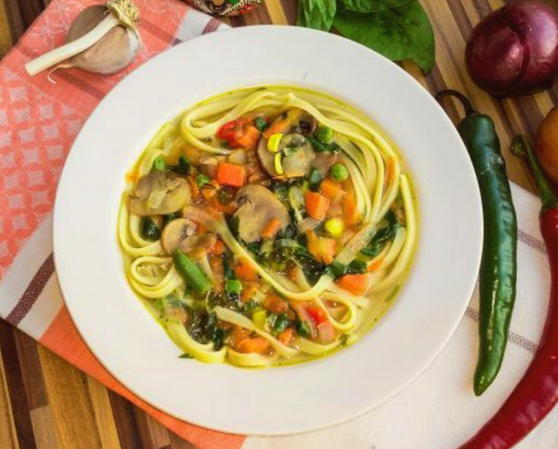 Lagman with chicken and mushrooms