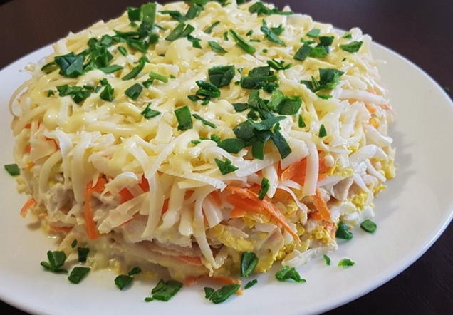Chicken, cheese, carrot and apple salad