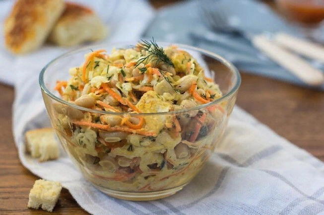 Chicken, cheese, egg and carrot salad