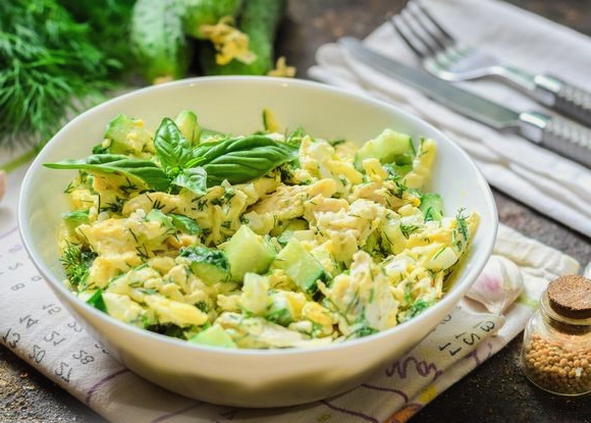 Chicken, cheese, egg and cucumber salad