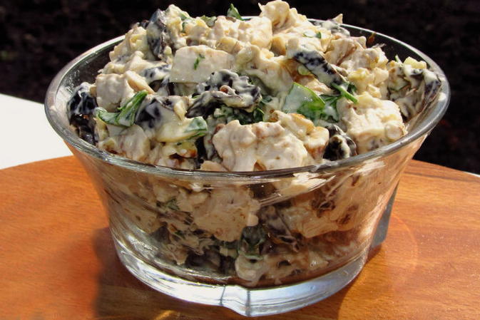 Chicken, cheese, egg and prune salad