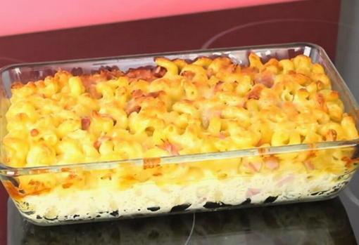 Pasta casserole with sausage and eggs in the oven