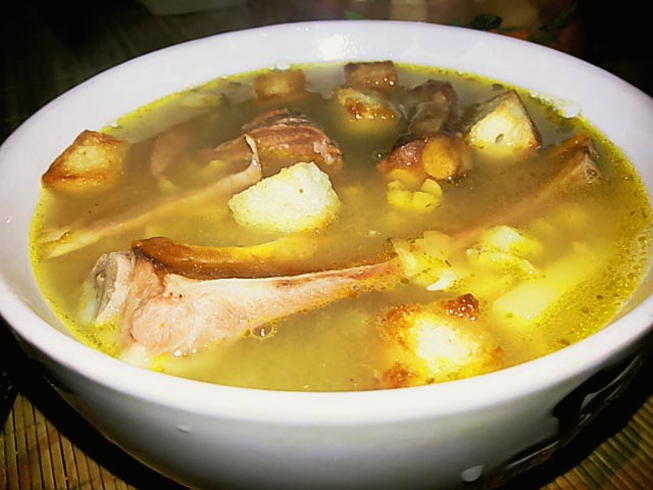Pea soup with smoked meats, ribs and potatoes