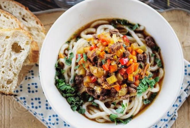 Classic beef lagman with purchased noodles