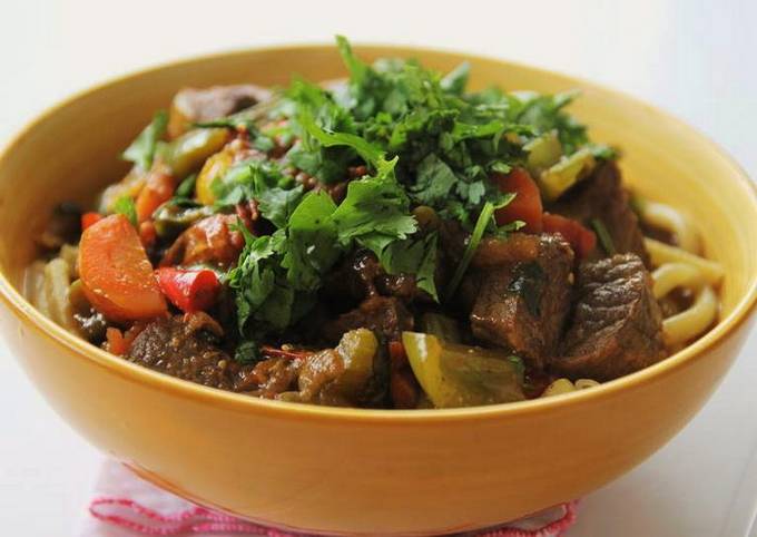 Lamb lagman with eggplant