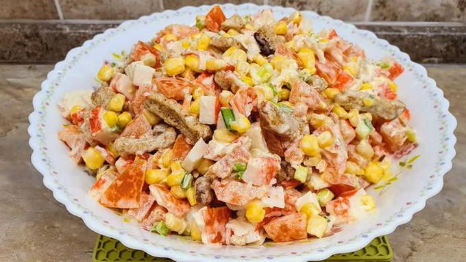 Crab salad with corn, cucumber and kirieshki