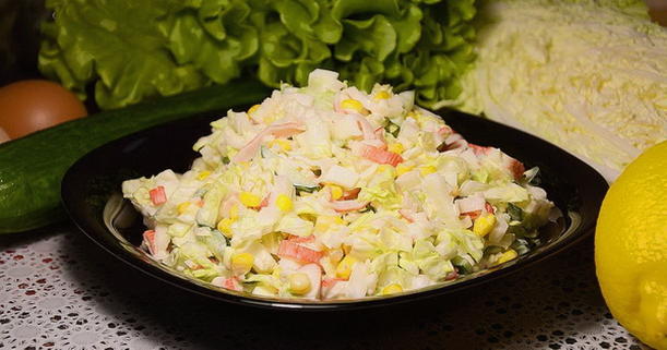 Crab salad with corn, cucumber and Chinese cabbage