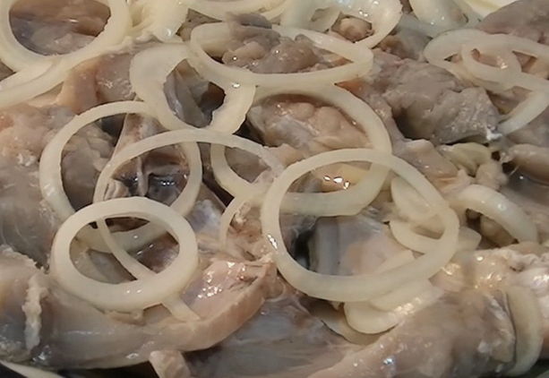 Salted mackerel in brine with onions