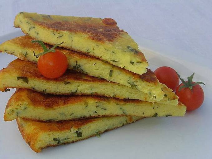 Tortillas made of cheese, eggs and flour in a pan