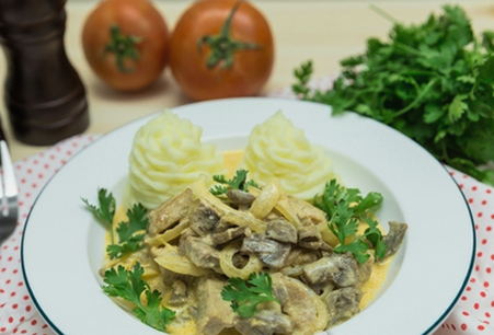 Pieces of pork with mushrooms in a pan