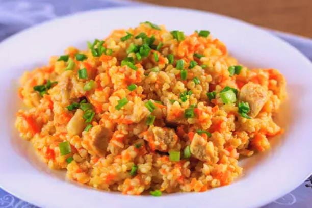 PP pilaf with chicken in a pan