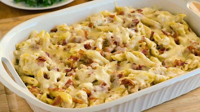 Pasta casserole with cheese and sausage